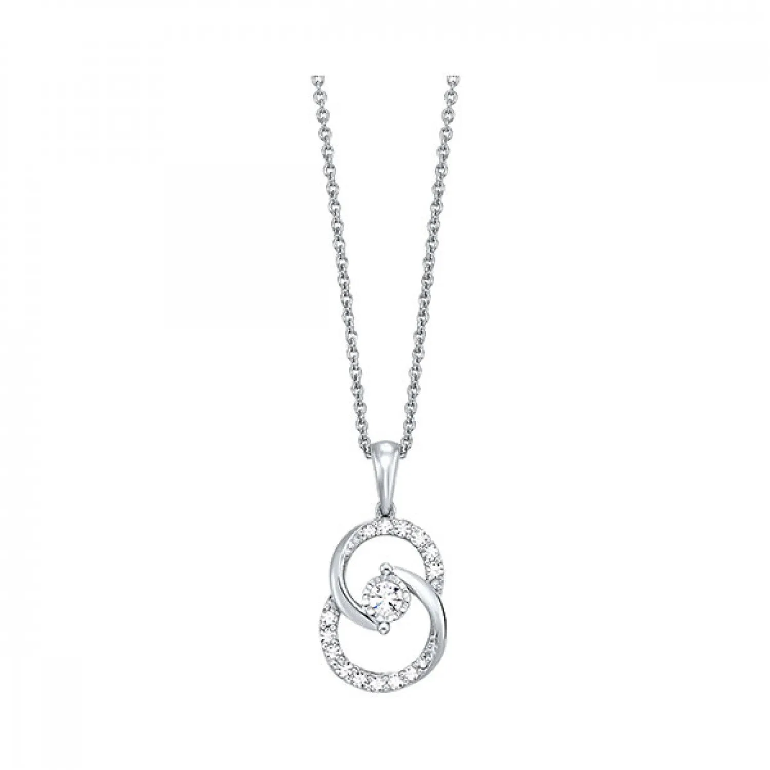 Diamond Double Circle Interlock Pendant Necklace set in White Gold, 0.25 cttw