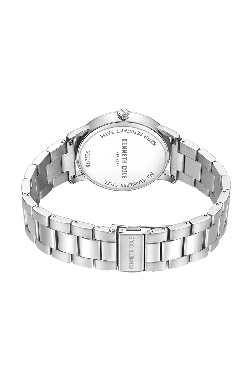 Display: Analog Mechanism: Quartz Dial color: Silver Dial shape: Round Case Material: Stainless steel Case Color: Silver Band material: Stainless Steel Band Color