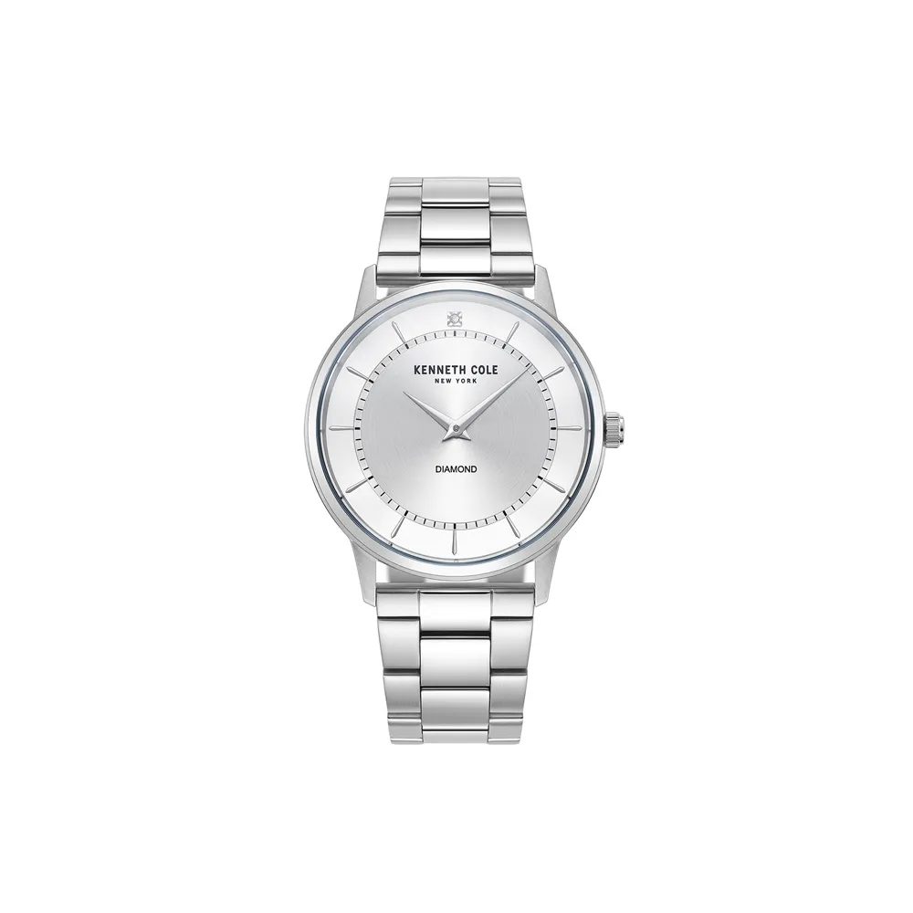 Display: Analog Mechanism: Quartz Dial color: Silver Dial shape: Round Case Material: Stainless steel Case Color: Silver Band material: Stainless Steel Band Color