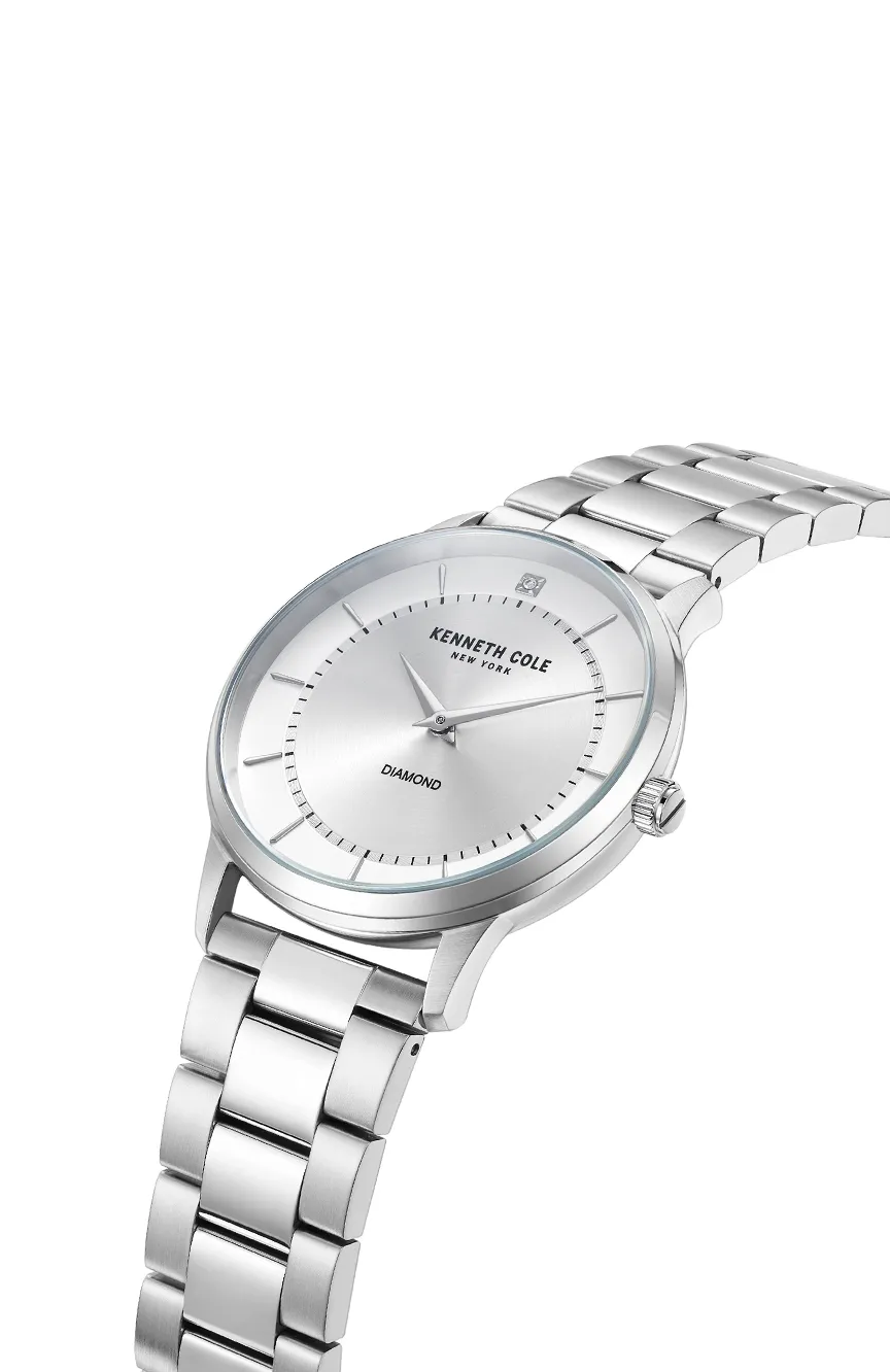 Display: Analog Mechanism: Quartz Dial color: Silver Dial shape: Round Case Material: Stainless steel Case Color: Silver Band material: Stainless Steel Band Color