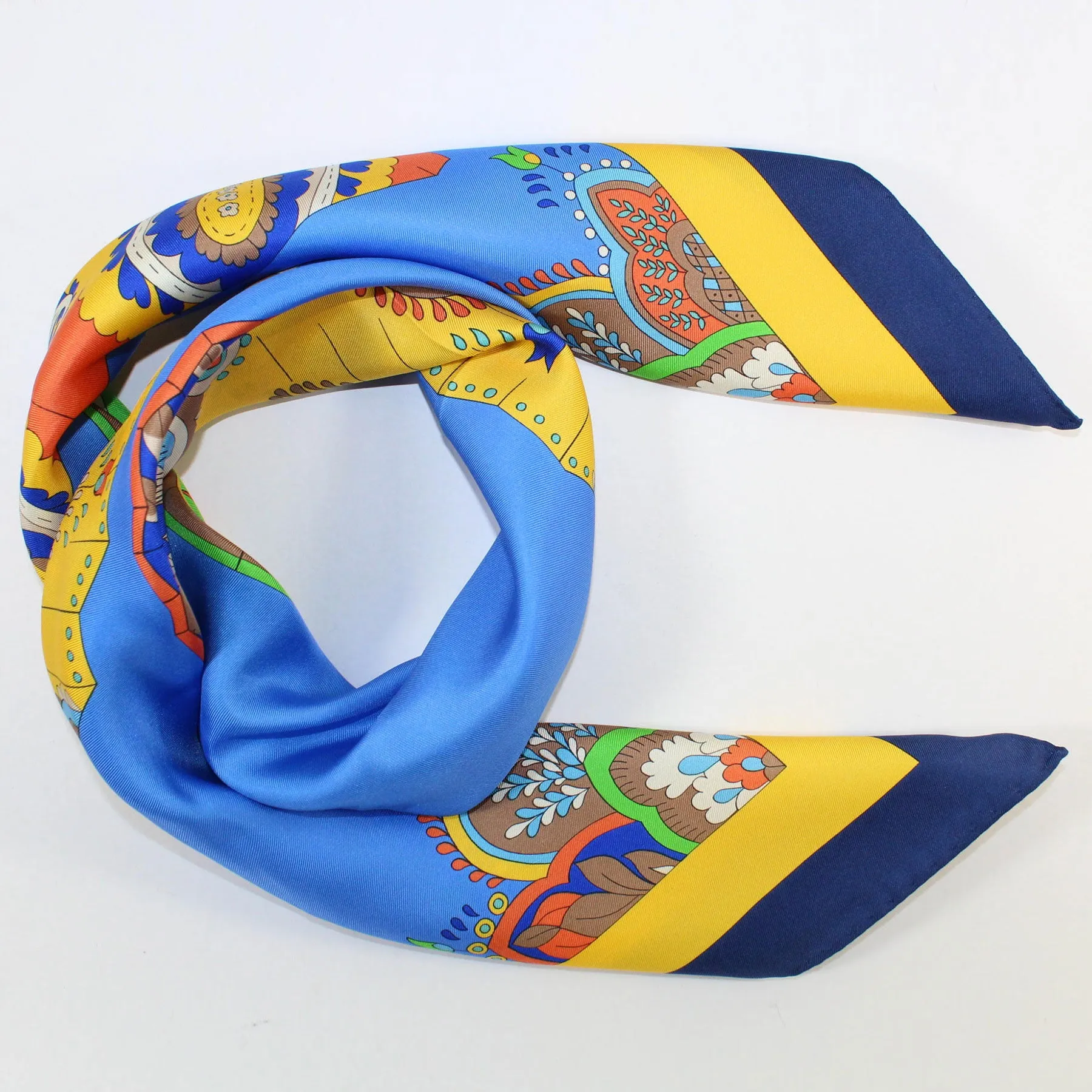 E. Marinella Scarf Navy Blue Yellow Fan & Tassel - Large Silk Square Foulard SALE