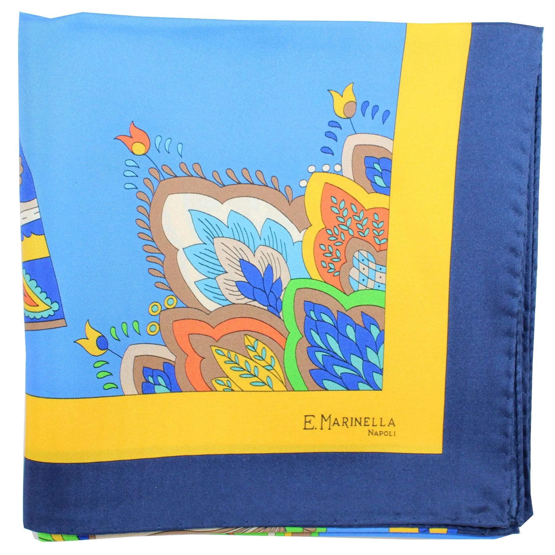 E. Marinella Scarf Navy Blue Yellow Fan & Tassel - Large Silk Square Foulard SALE