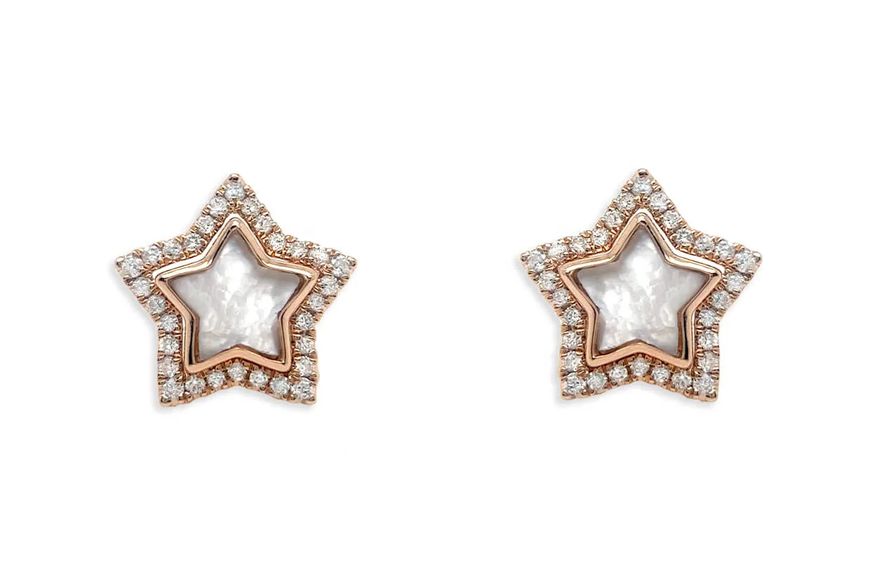 Earrings 18kt Gold Detachable Stars Mother of Pearl & Diamonds Halo