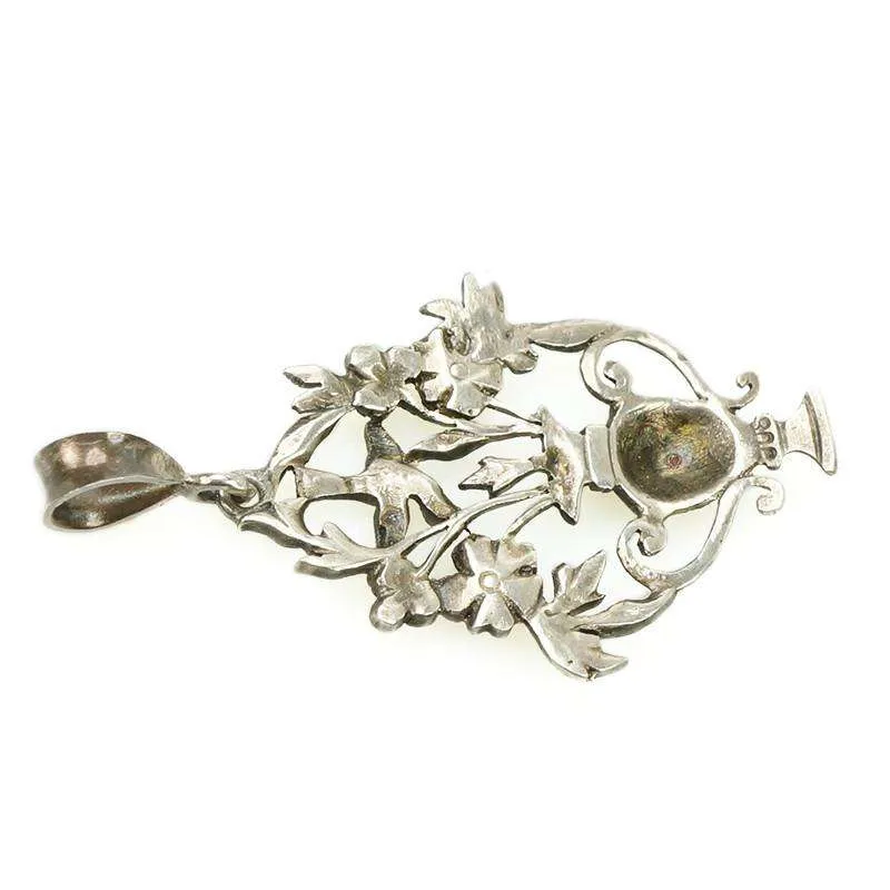 Elaborate Silver & Paste Flower Basket Pendant with Bird