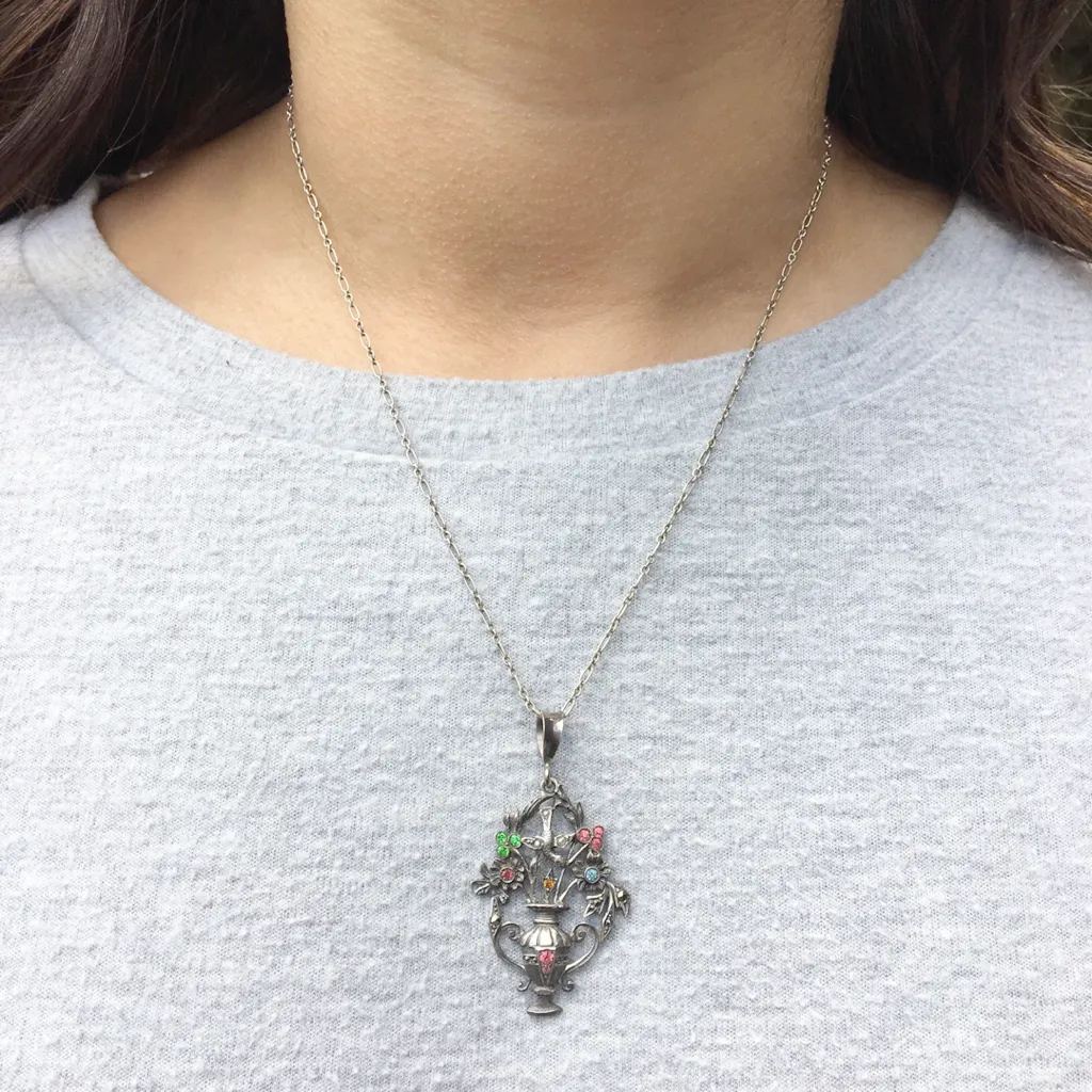 Elaborate Silver & Paste Flower Basket Pendant with Bird