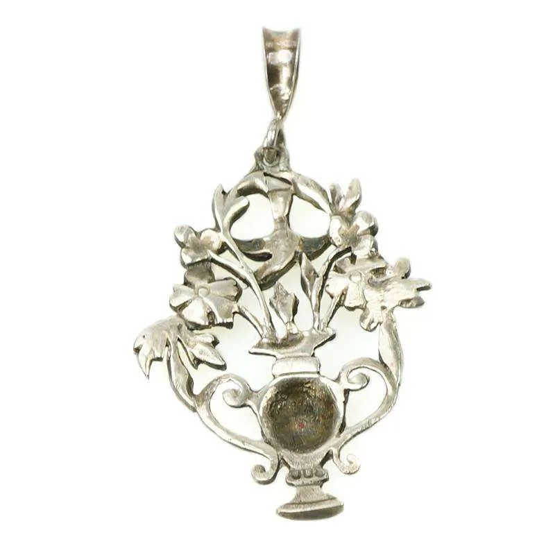 Elaborate Silver & Paste Flower Basket Pendant with Bird