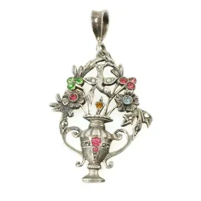 Elaborate Silver & Paste Flower Basket Pendant with Bird