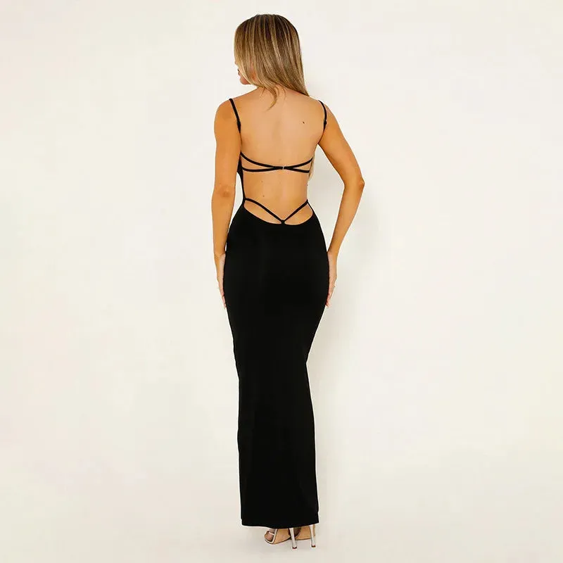 Elastic U-shaped Neck Lace Up Off Back Tight Wrap Hip Split Sexy Maxi Dress