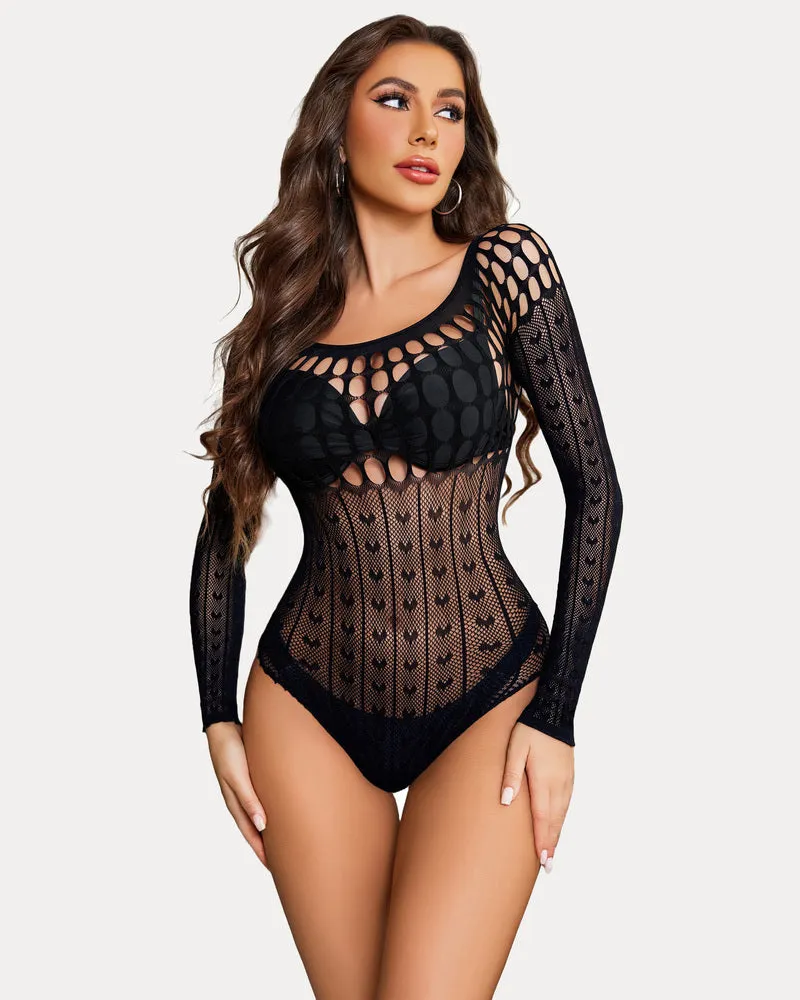 Fishnet Bodysuit Hollow Out Long Sleeve One Size