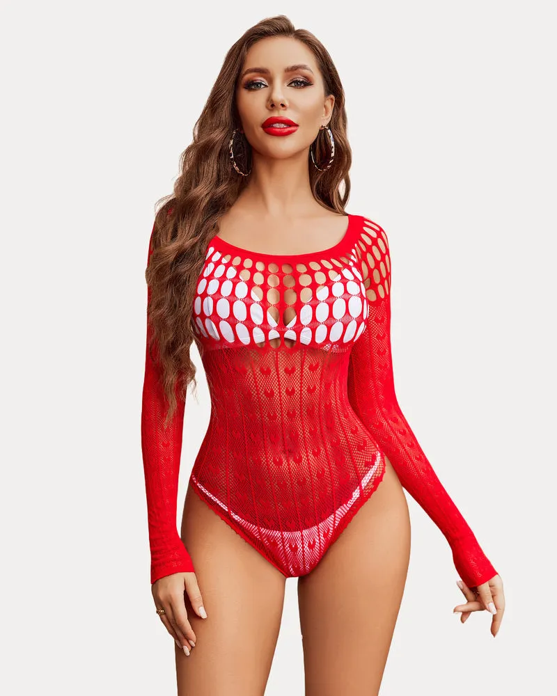 Fishnet Bodysuit Hollow Out Long Sleeve One Size