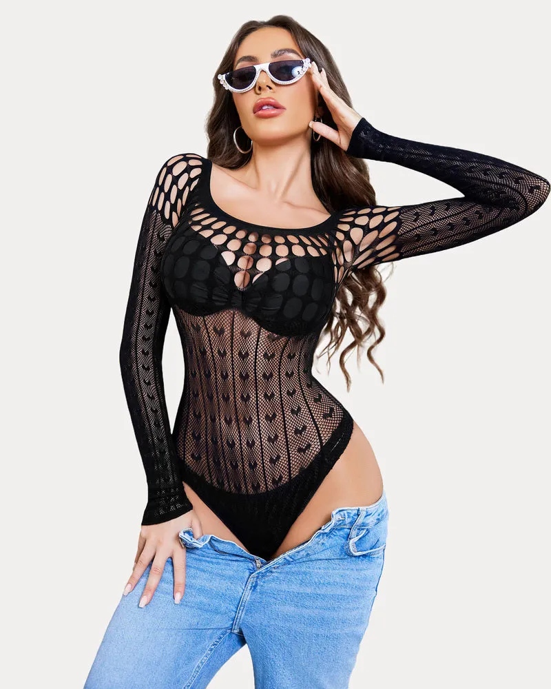 Fishnet Bodysuit Hollow Out Long Sleeve One Size