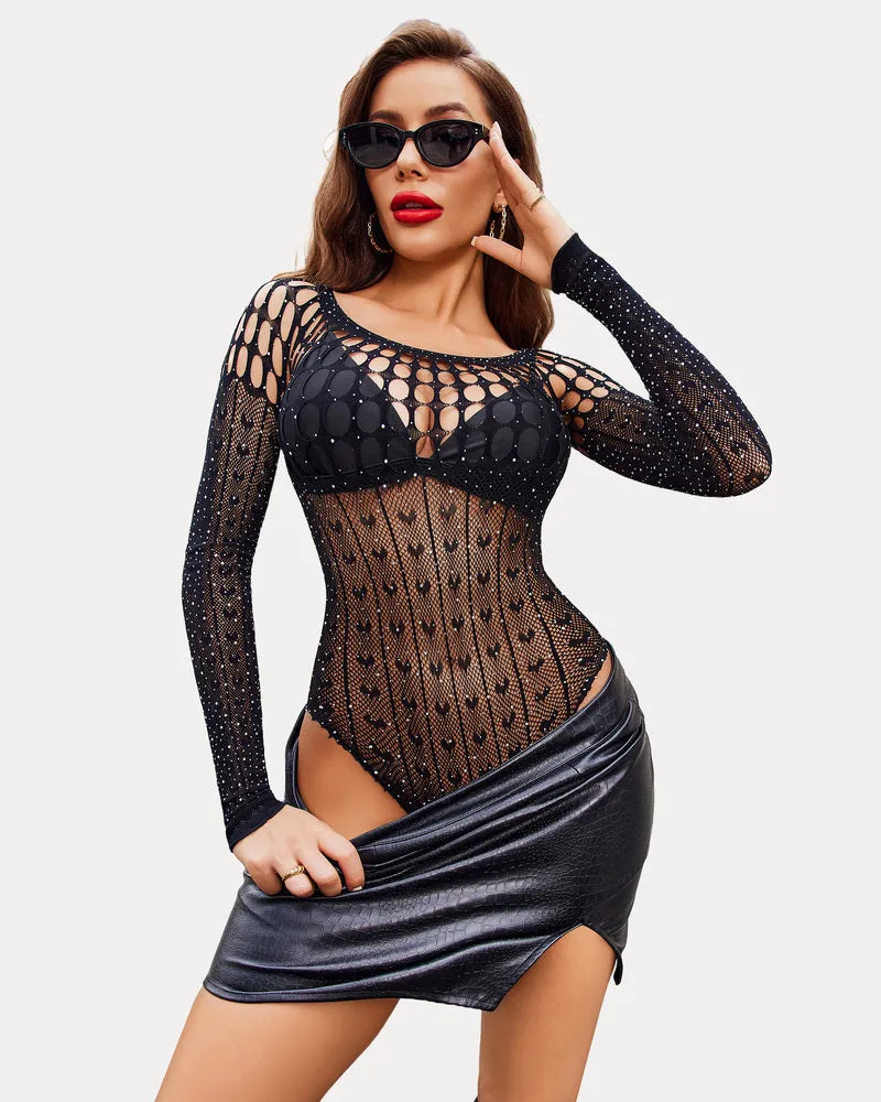 Fishnet Bodysuit Hollow Out Long Sleeve One Size