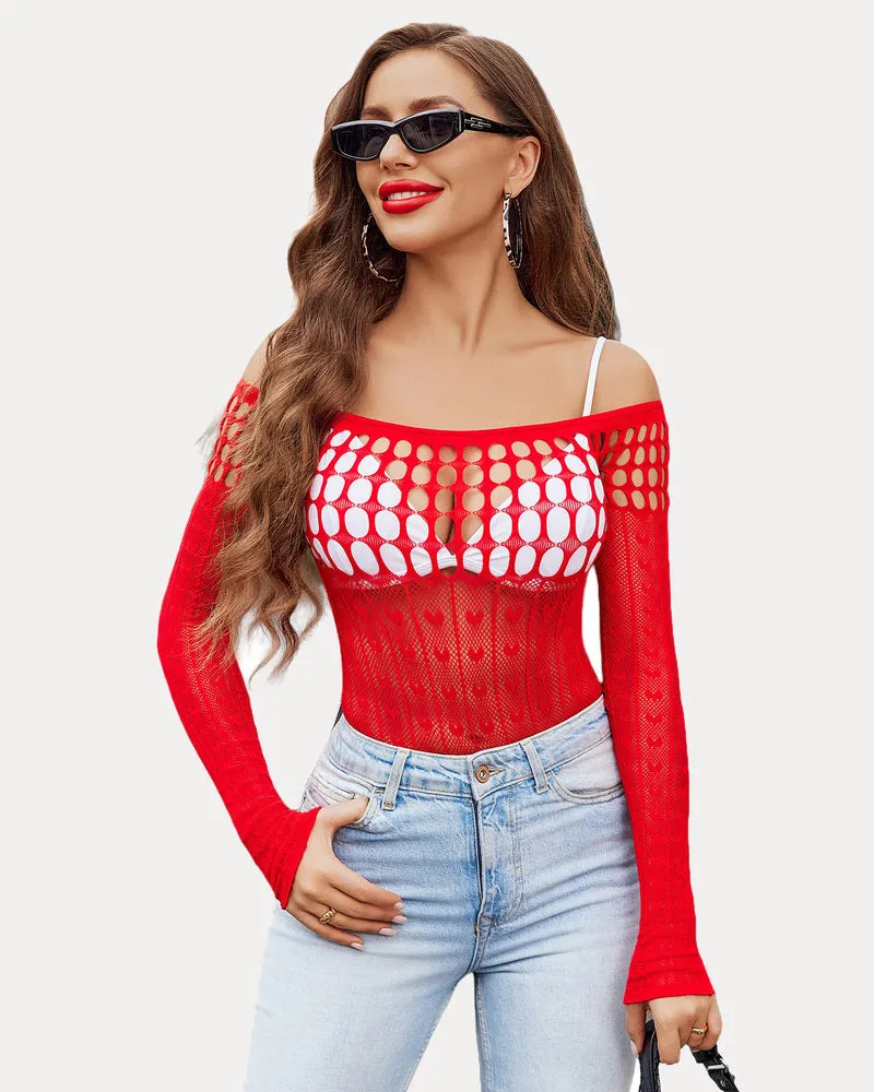 Fishnet Bodysuit Hollow Out Long Sleeve One Size