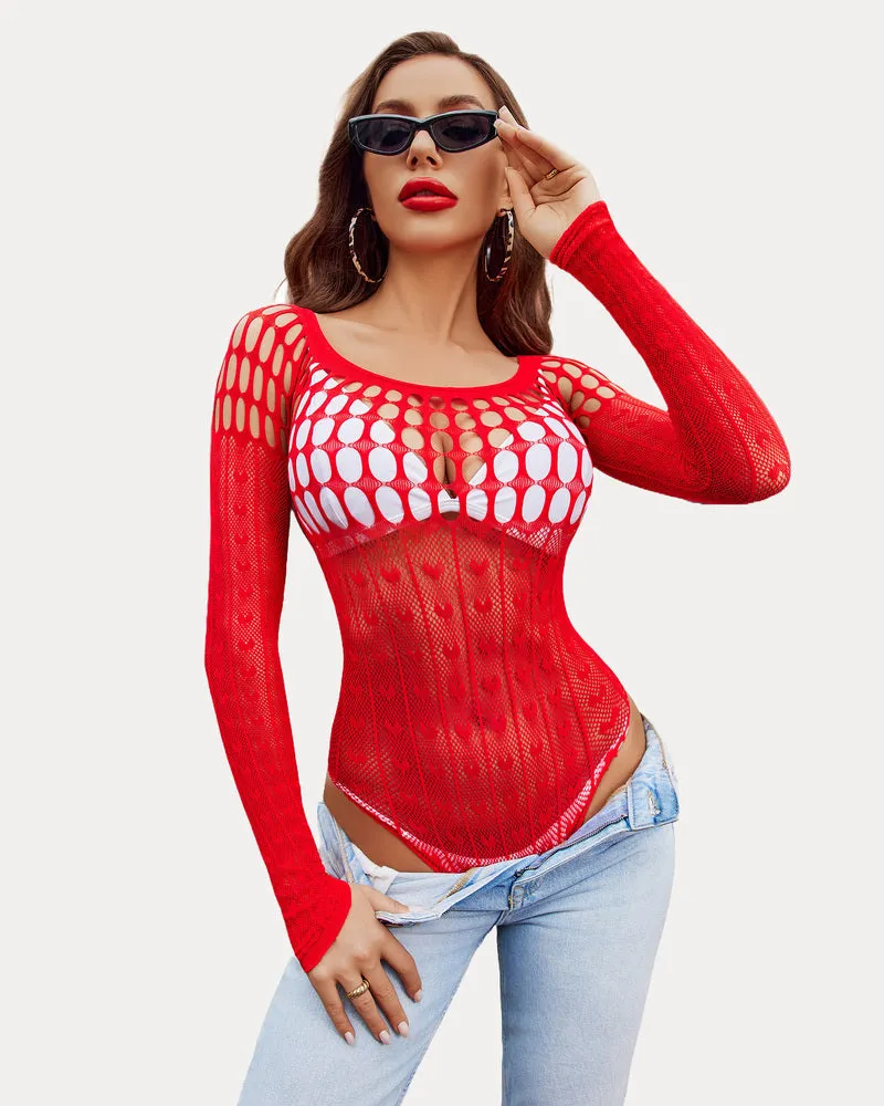 Fishnet Bodysuit Hollow Out Long Sleeve One Size