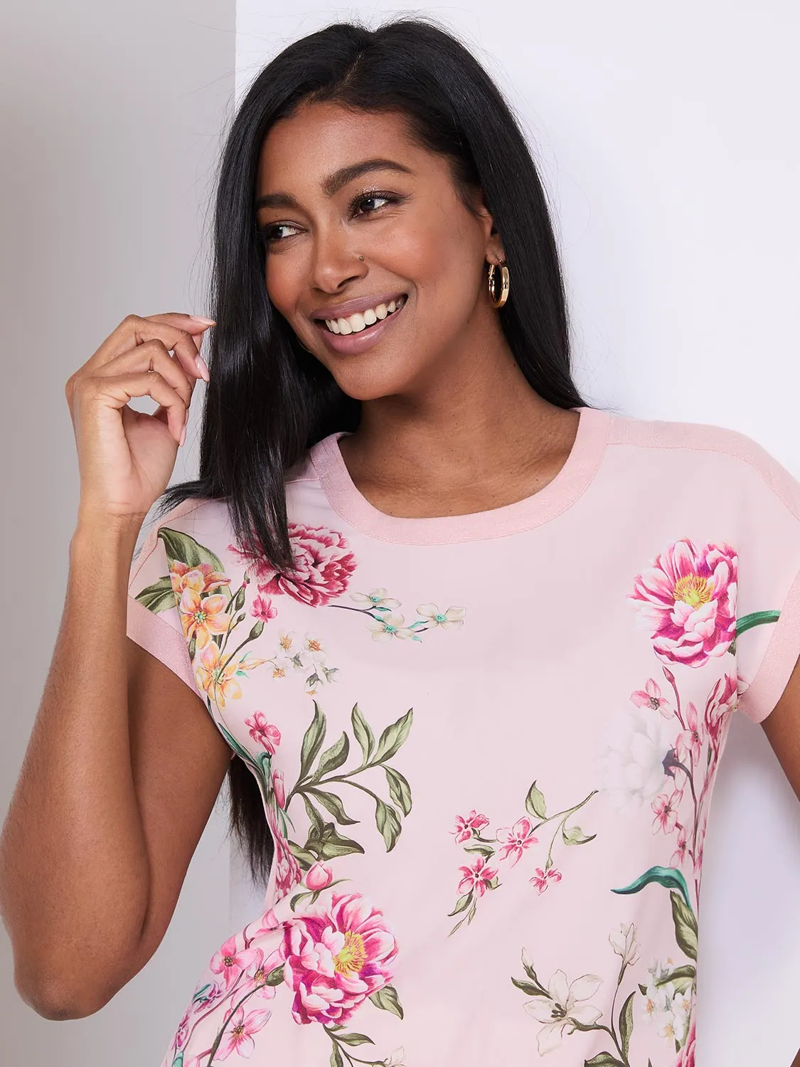 Floral Print Top With Metallic Trim