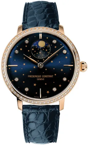 Frederique Constant Slimline Moonphase Stars Manufacture Automatic Rose Gold-Plated Blue Leather Strap Blue Dial Diamonds Womens Watch FC-701NSD3SD4