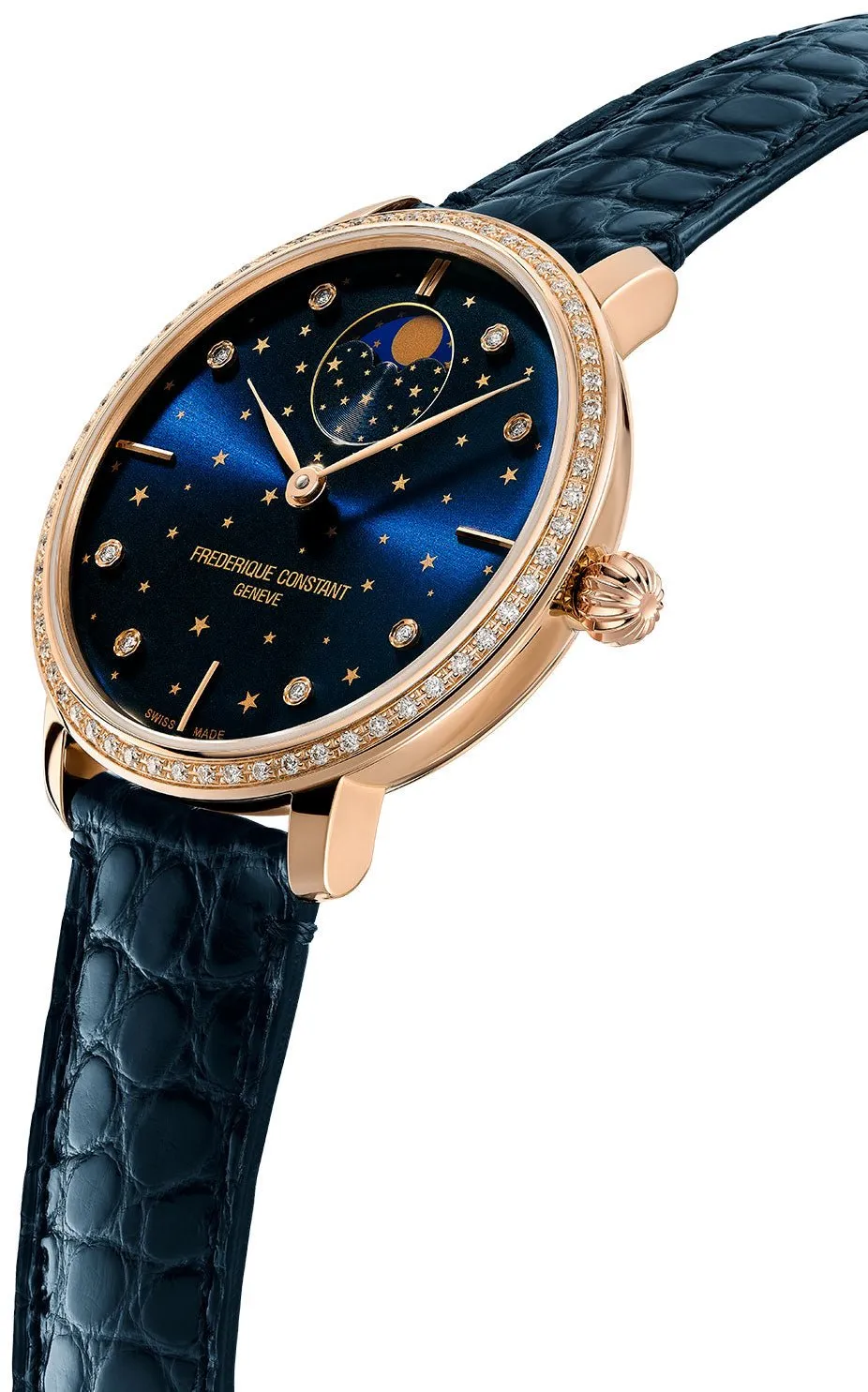 Frederique Constant Slimline Moonphase Stars Manufacture Automatic Rose Gold-Plated Blue Leather Strap Blue Dial Diamonds Womens Watch FC-701NSD3SD4