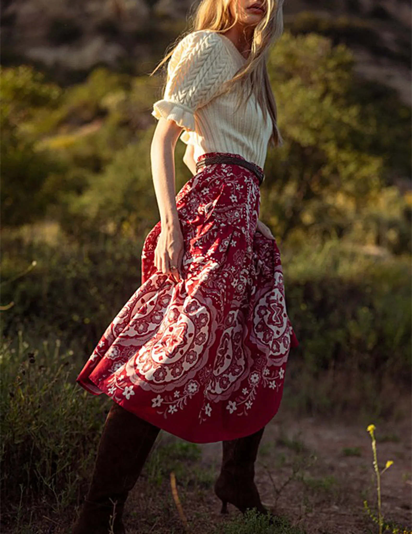 Freyja Red Medallion Print Midi Skirt