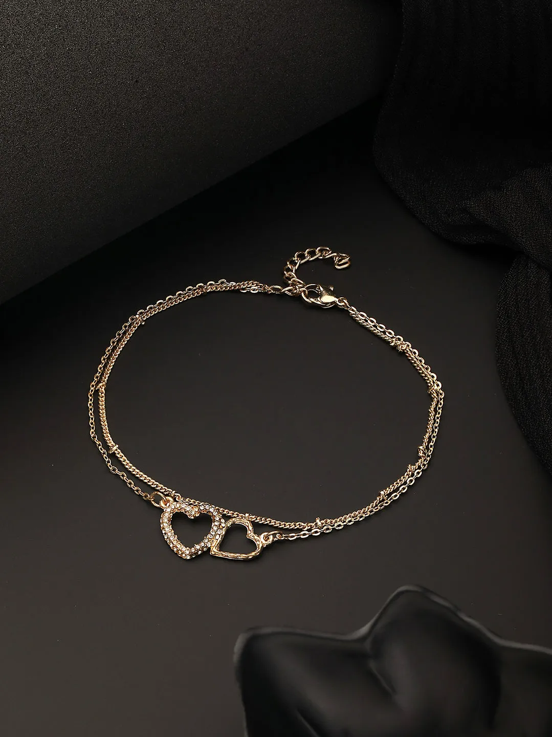 Gold-Plated Cz Studded Layered Heart Charm Anklet