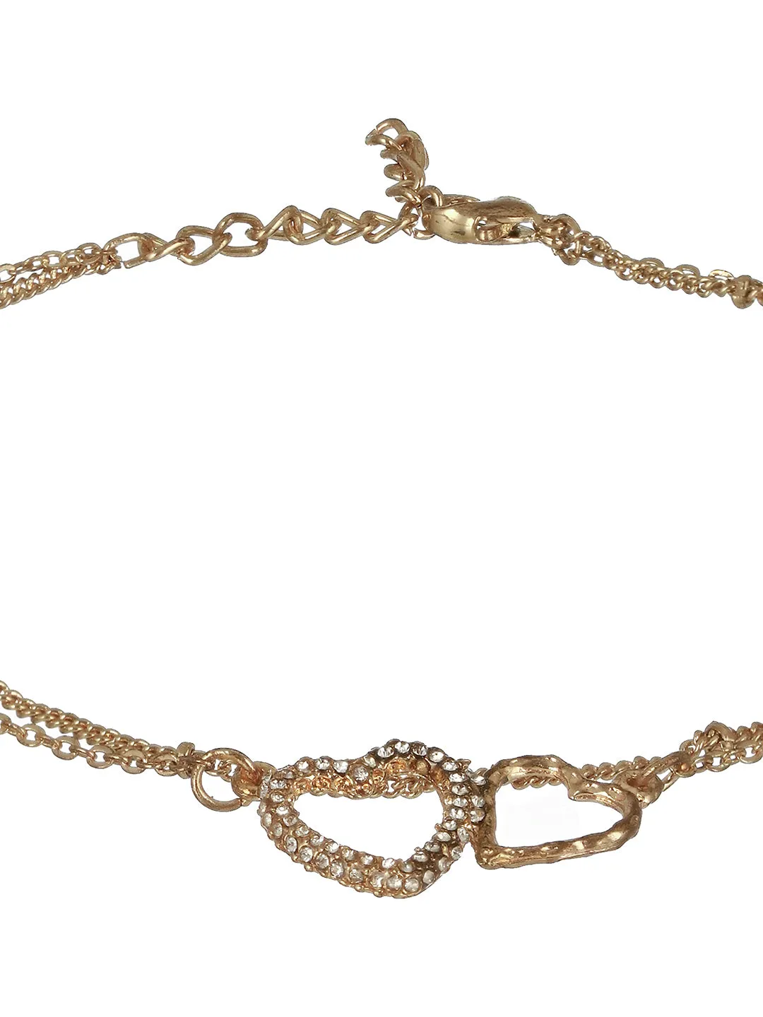 Gold-Plated Cz Studded Layered Heart Charm Anklet