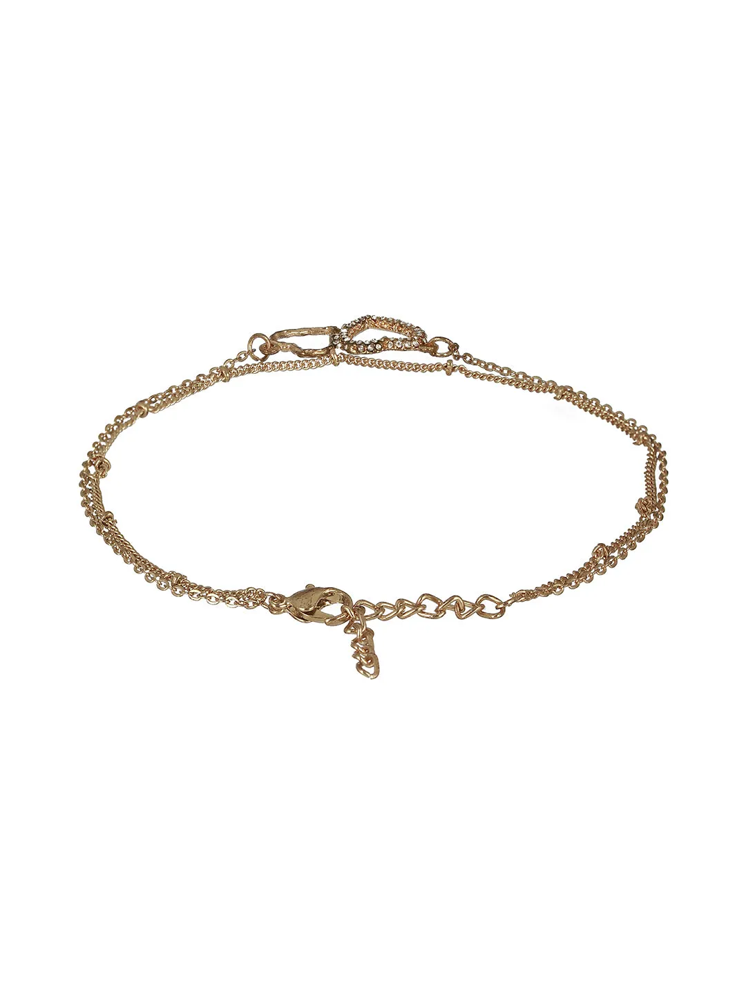 Gold-Plated Cz Studded Layered Heart Charm Anklet