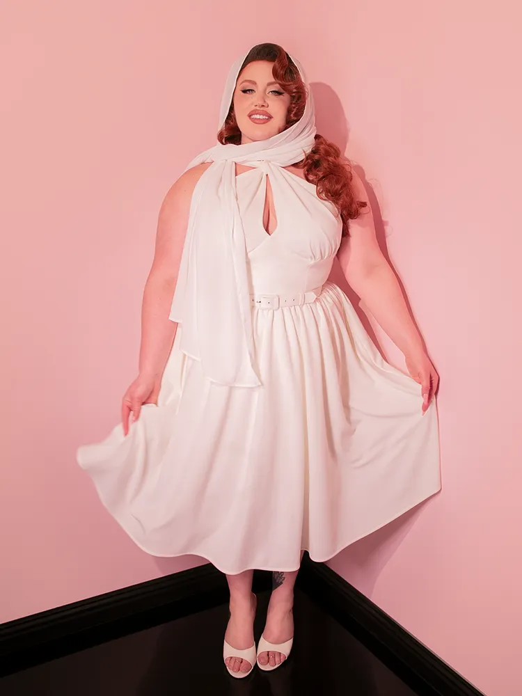 Golden Era Swing Dress and Chiffon Scarf in Ivory - Vixen by Micheline Pitt