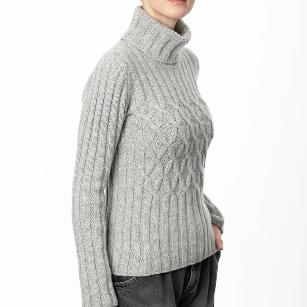 Grey Cable & Ribbed Polo Neck Sweater