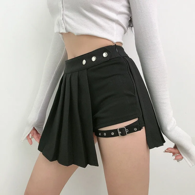 High Waist Black Pleated Girls Gothic Half Skirts