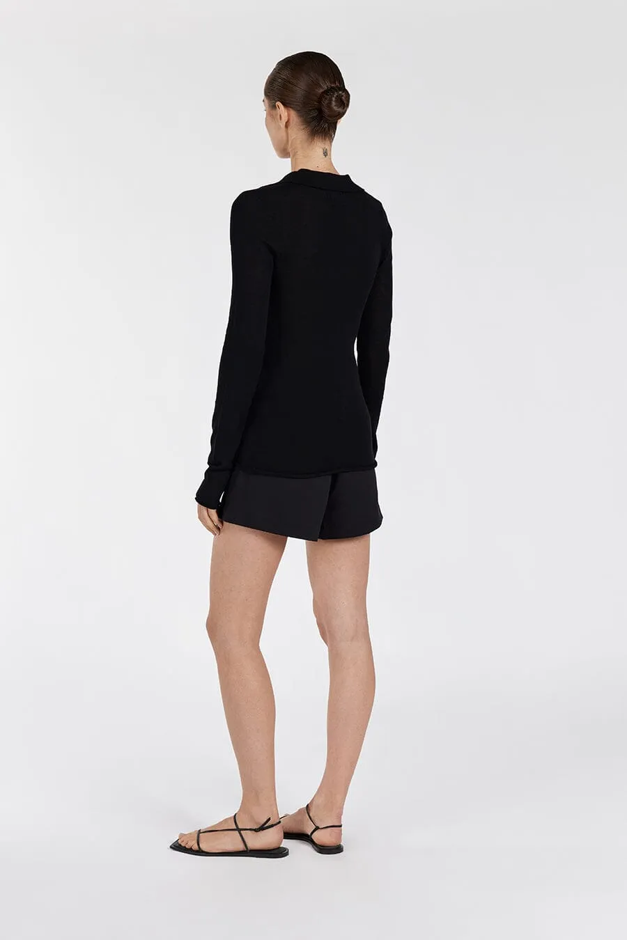 JANE BLACK MERINO POLO KNIT TOP