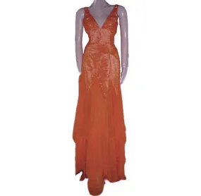 LA FEMME PARIS SPARKLING BEADED SILK EVENING GOWN WITH FABULOUS SHEER SIDES & BACK IN EXOTIC MANDARIN