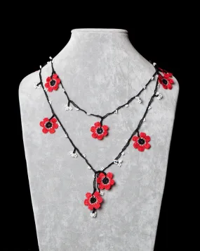 Lariat with Poppy Motif -  Red & Black