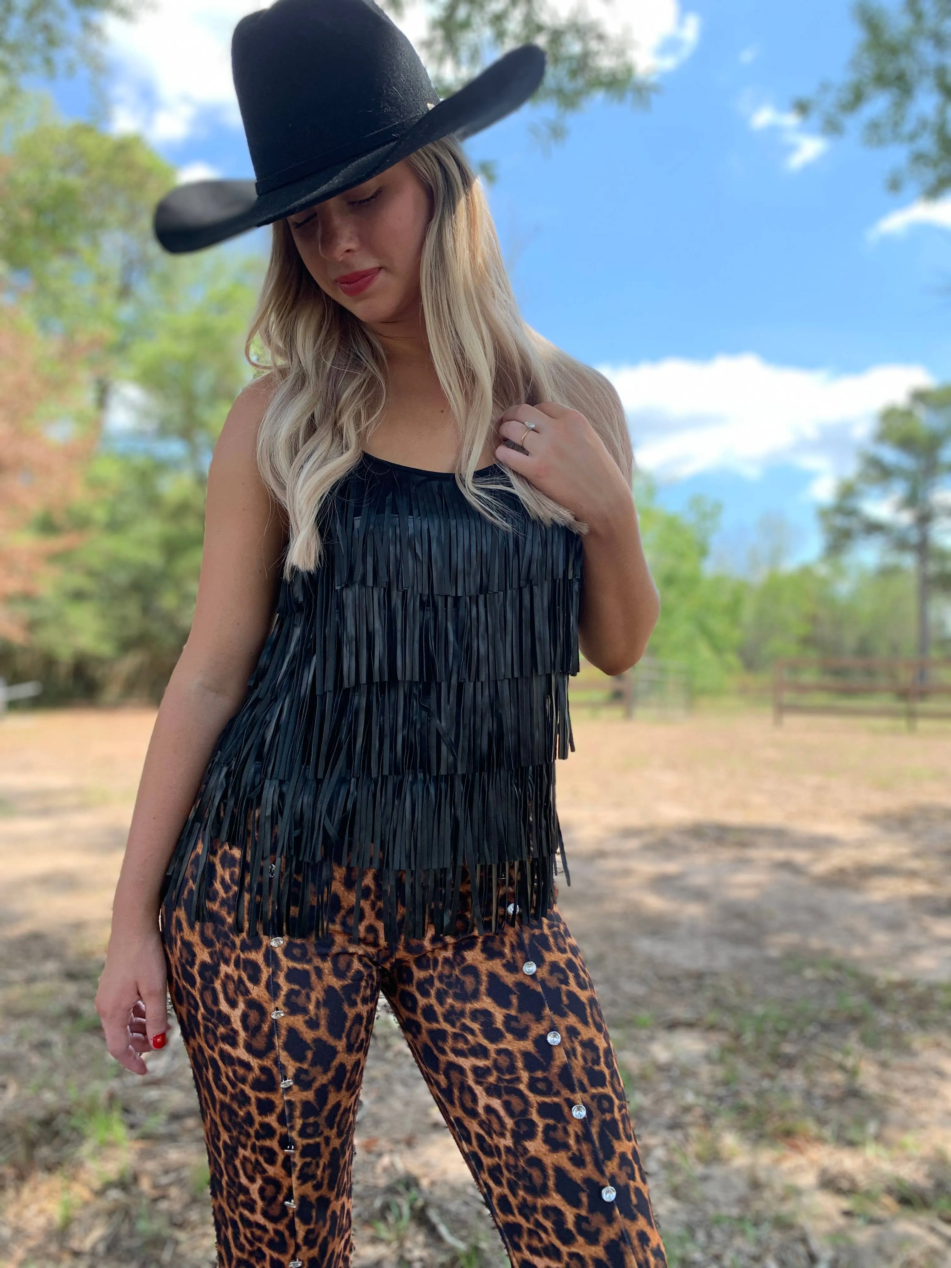 Living on the Edge Fringe Tank Black at Bourbon Cowgirl