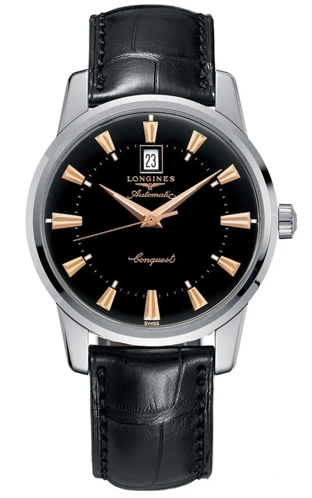 Longines Conquest Heritage Automatic Stainless Steel Black Dial Black Leather Strap Date Mens Watch L1.645.4.52.4