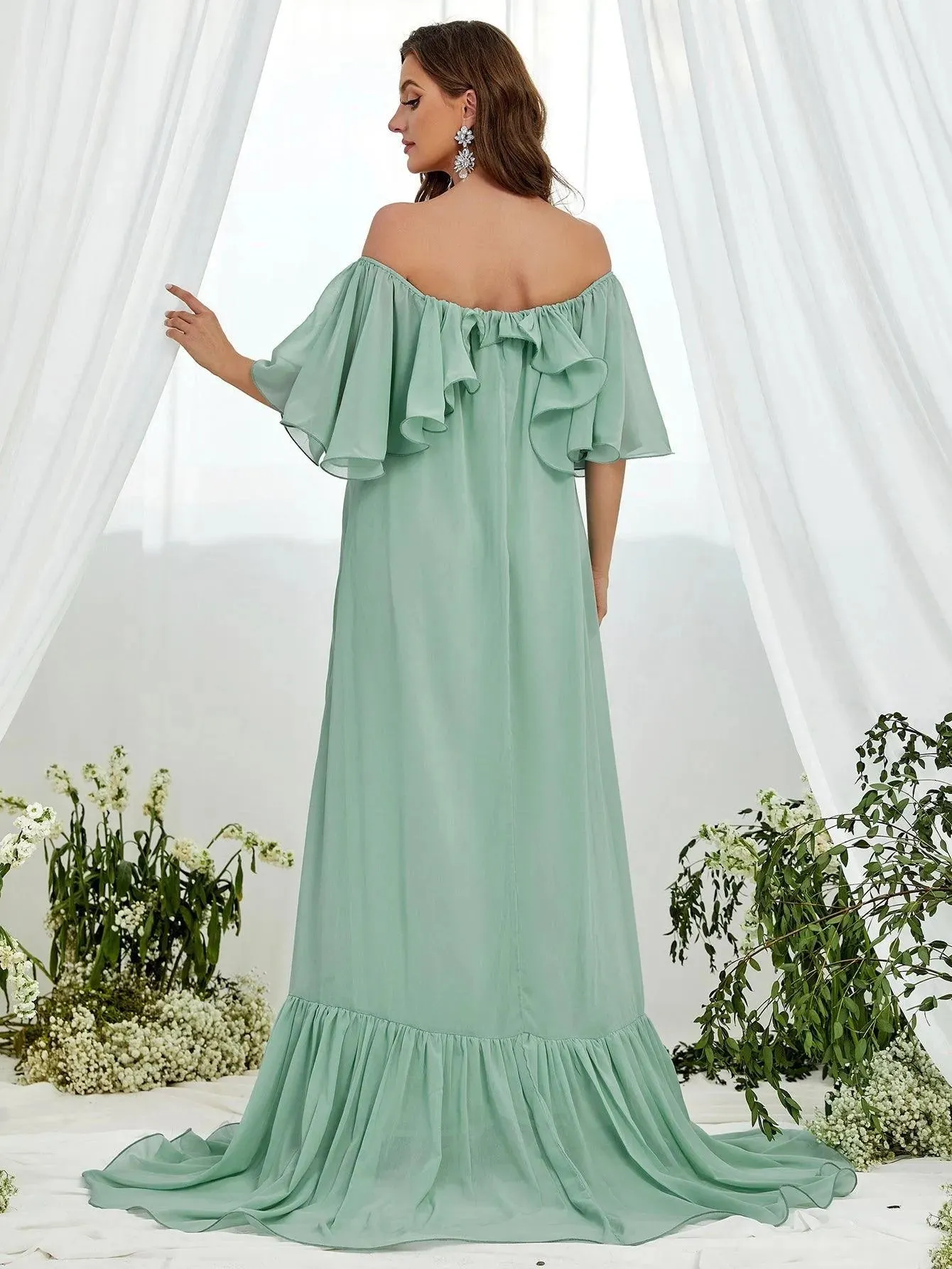 Maternity Off Shoulder Layered Ruffle Sleeves Chiffon Dress