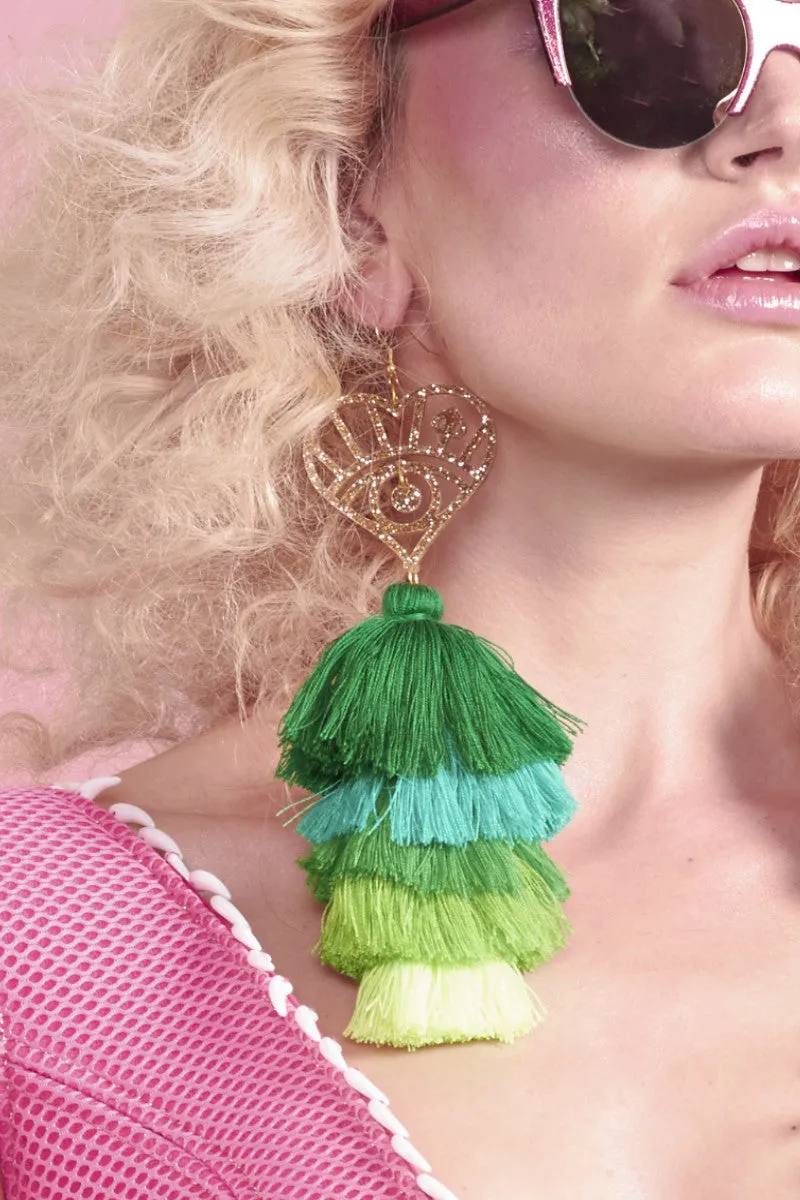 Mega Green Tassel Logo Earrings