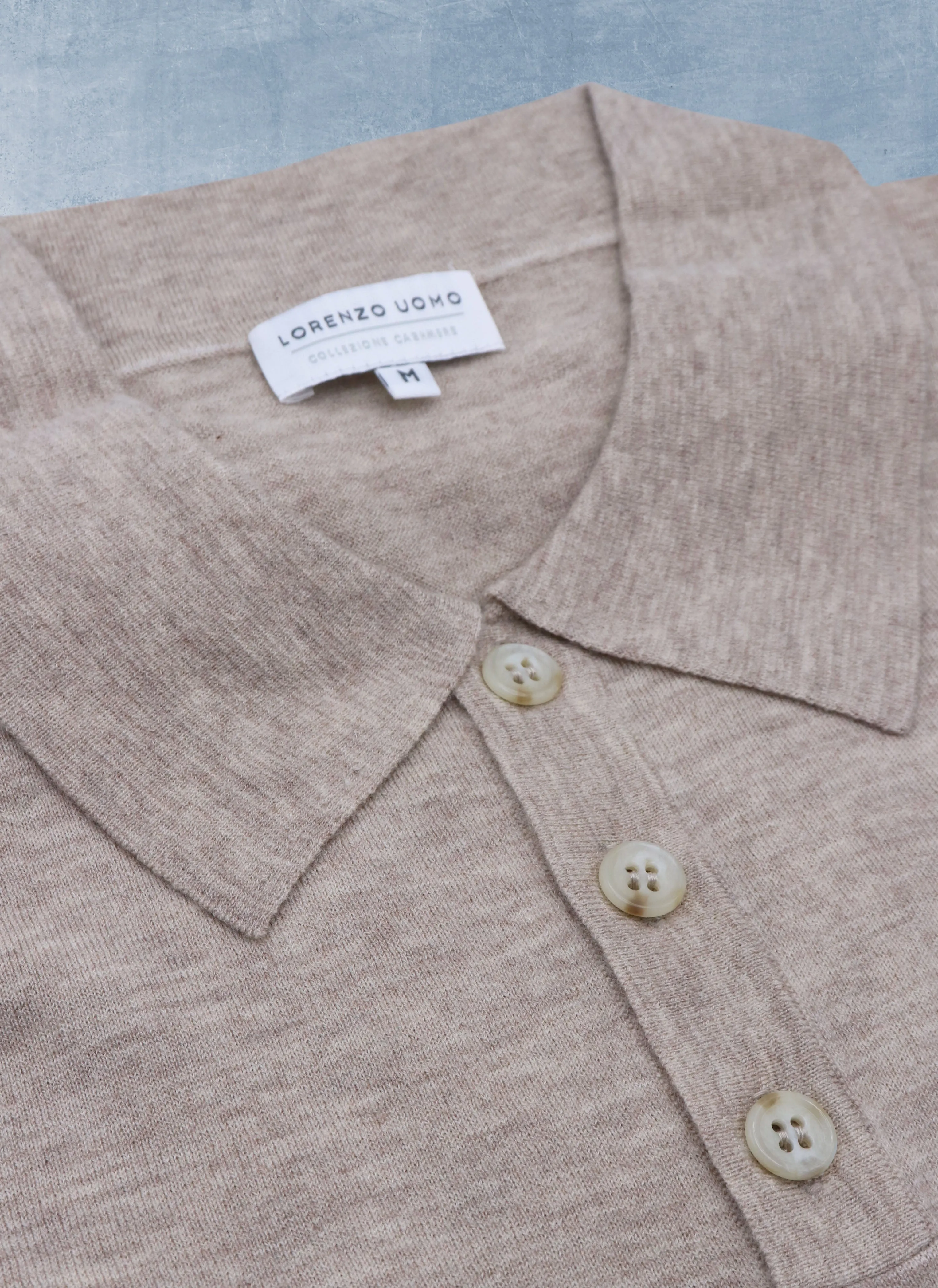 Men's Carrara Long Sleeve Cashmere Polo Shirt in Light Taupe