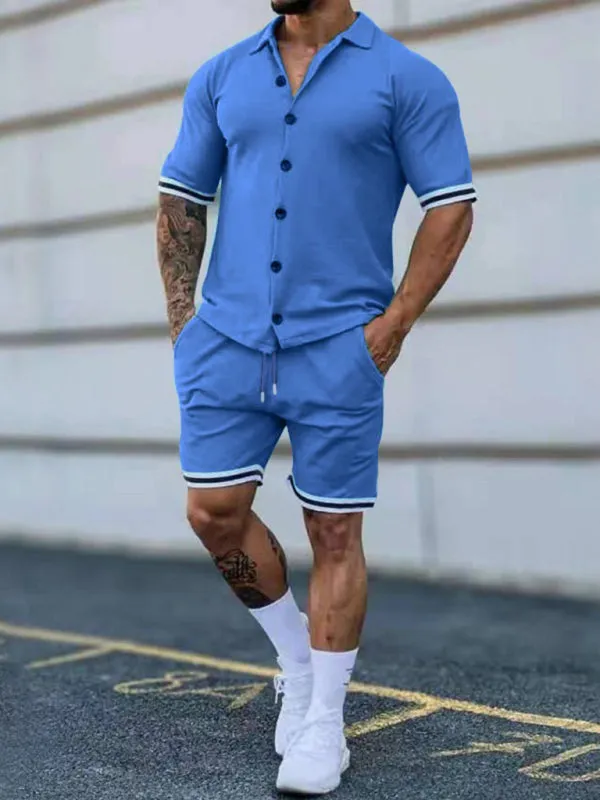 Men's color contrast lapel short-sleeved shirt   shorts two-piece suit