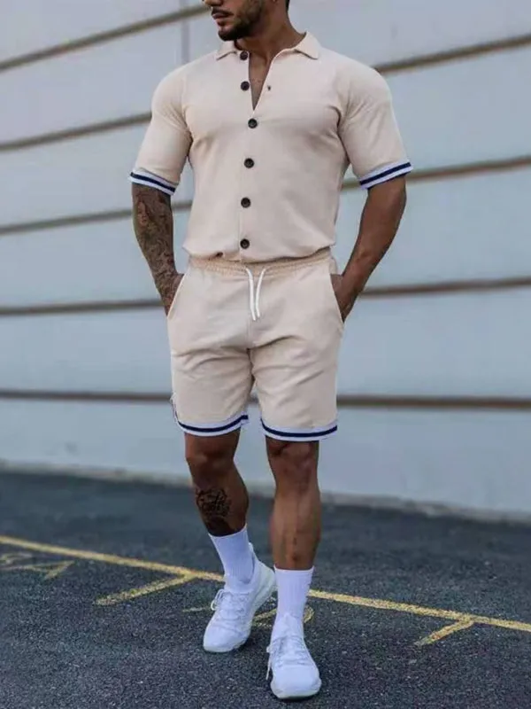 Men's color contrast lapel short-sleeved shirt   shorts two-piece suit