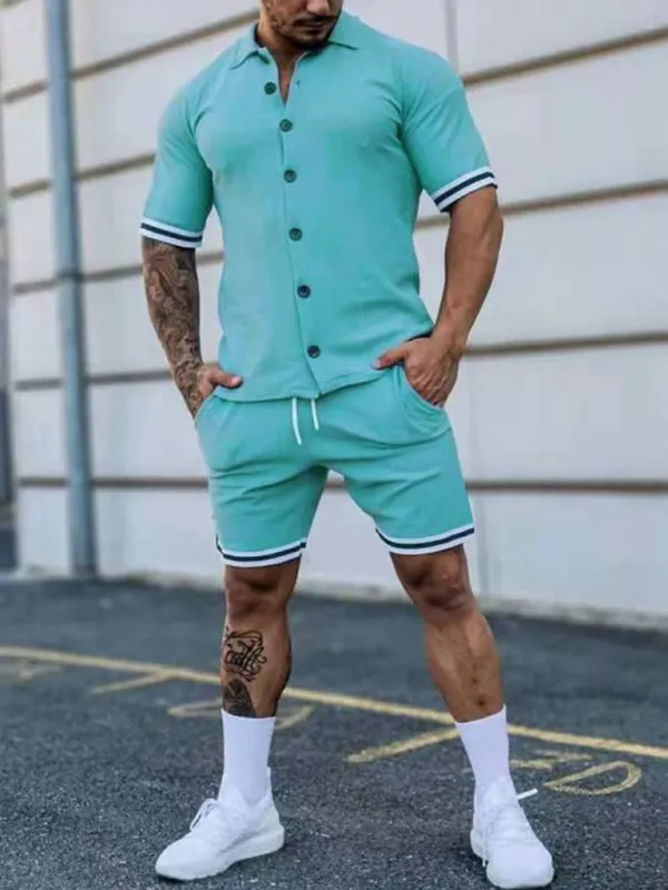 Men's color contrast lapel short-sleeved shirt   shorts two-piece suit