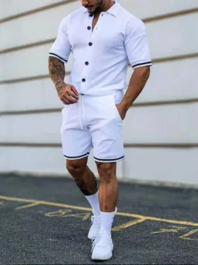 Men's color contrast lapel short-sleeved shirt   shorts two-piece suit