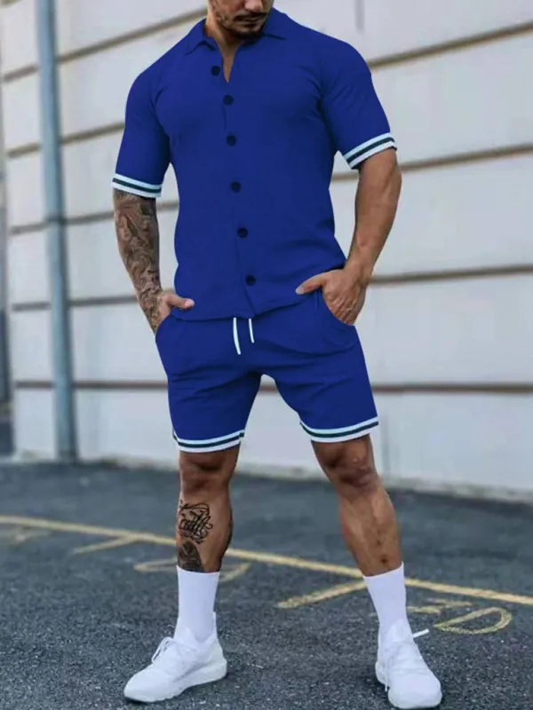 Men's color contrast lapel short-sleeved shirt   shorts two-piece suit