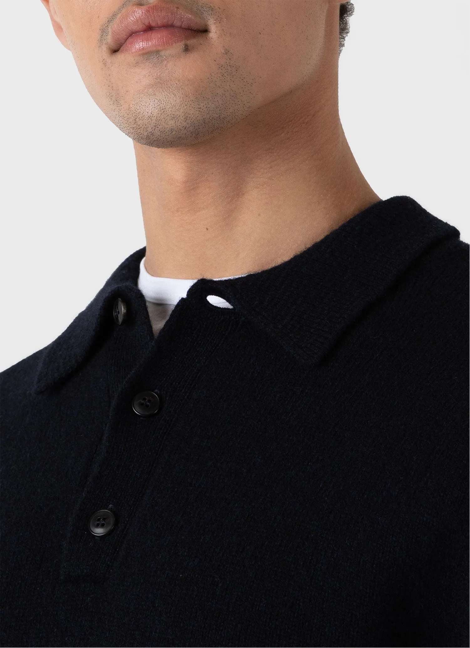 Men's Lambswool Polo Shirt in Dark Navy Mouline