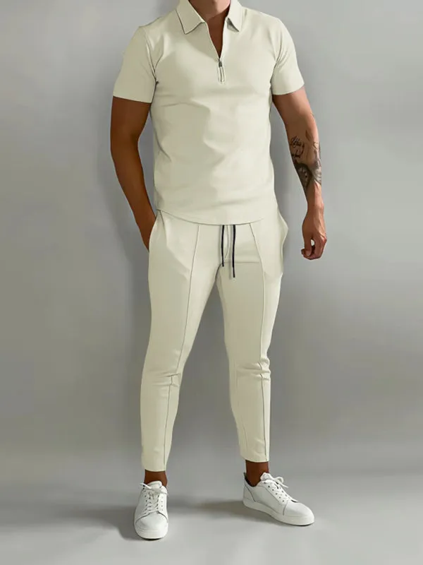 Men's solid color lapel short-sleeved POLO shirt   trousers two-piece suit