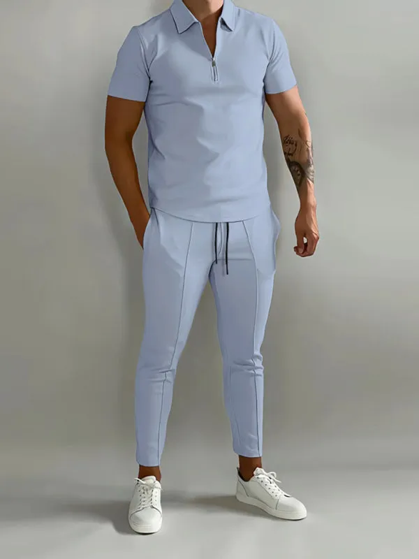 Men's solid color lapel short-sleeved POLO shirt   trousers two-piece suit