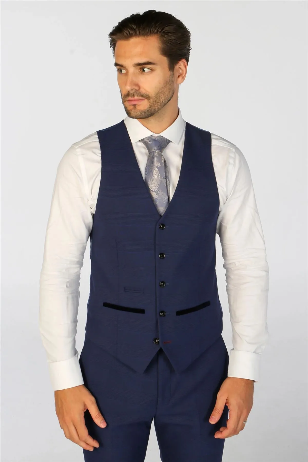 Men's Suit Navy Blue 3 Piece Checked Tailored Fit Formal Dress