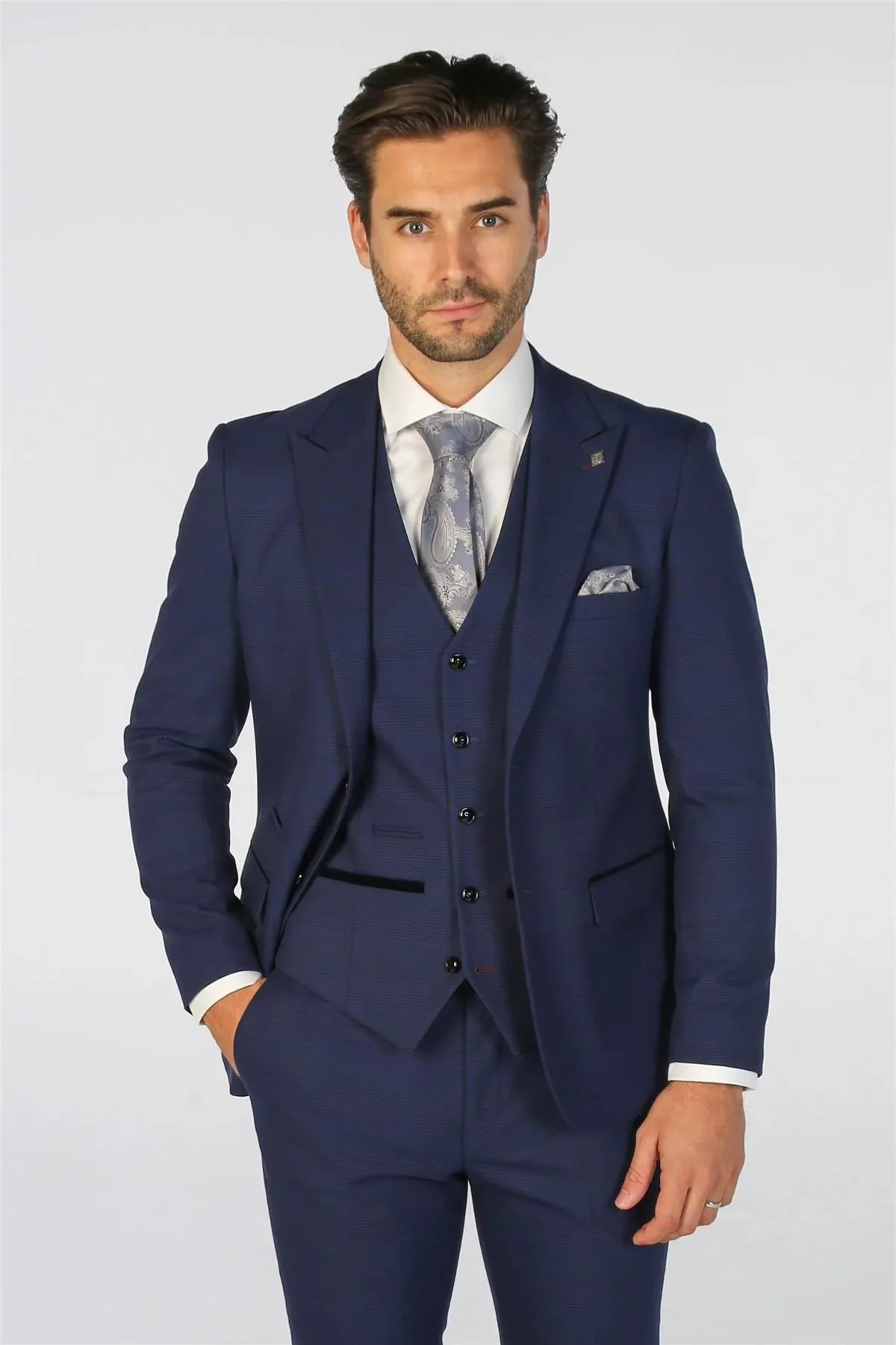 Men's Suit Navy Blue 3 Piece Checked Tailored Fit Formal Dress