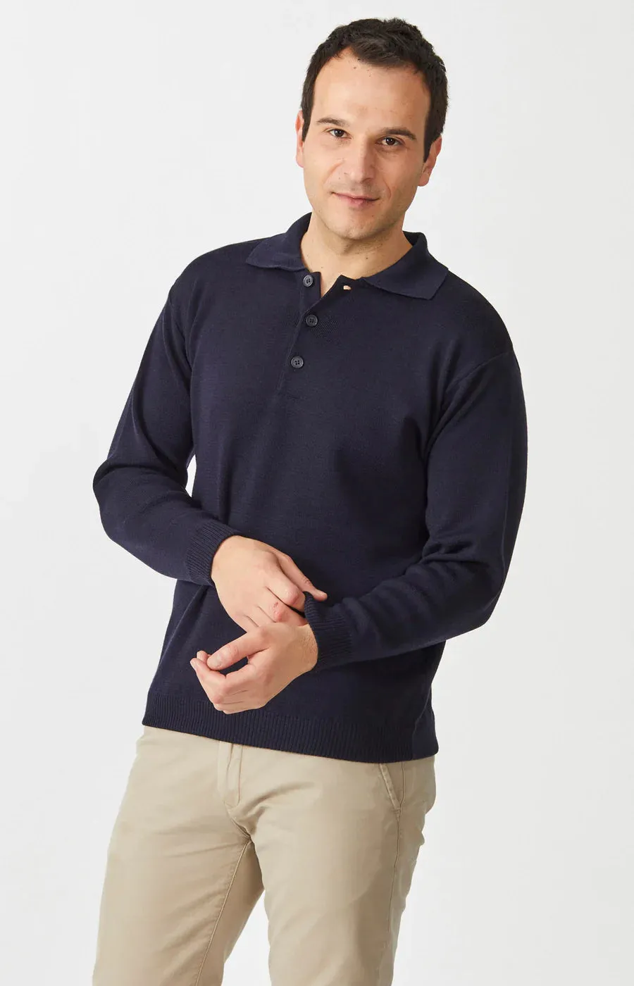 Merino Button Polo Sweater - Navy