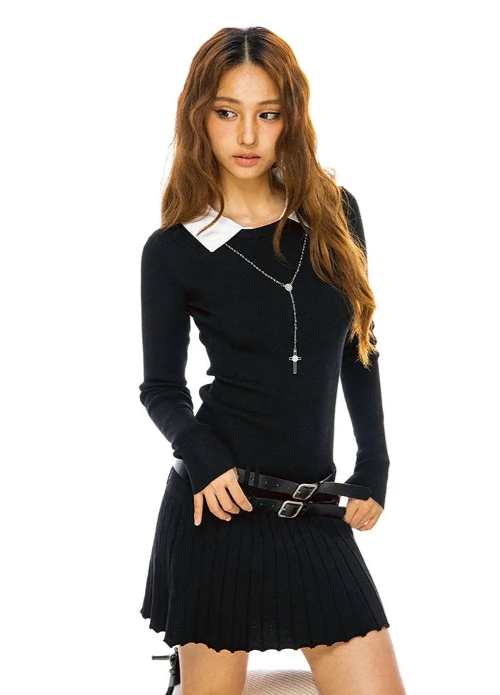 Mock Two Piece Long Sleeve Pleated Mini Dress