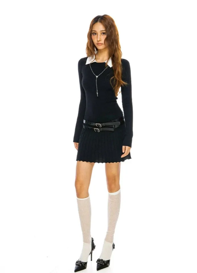 Mock Two Piece Long Sleeve Pleated Mini Dress