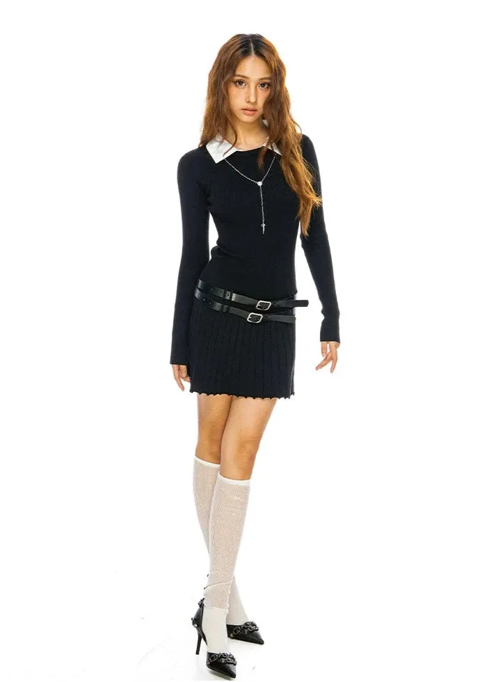 Mock Two Piece Long Sleeve Pleated Mini Dress